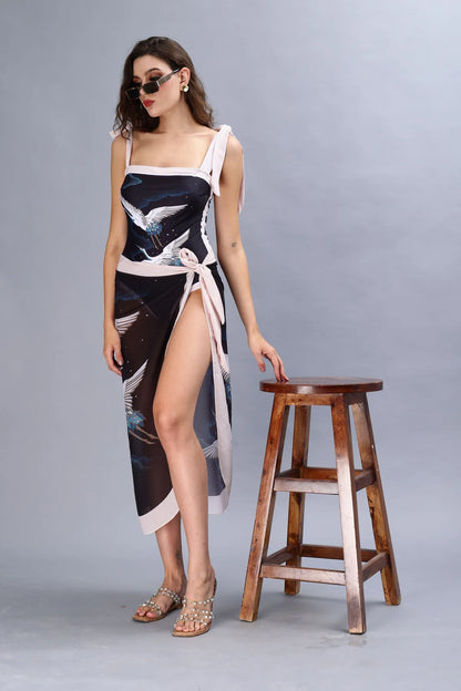Bird Print Monokini With Sarong