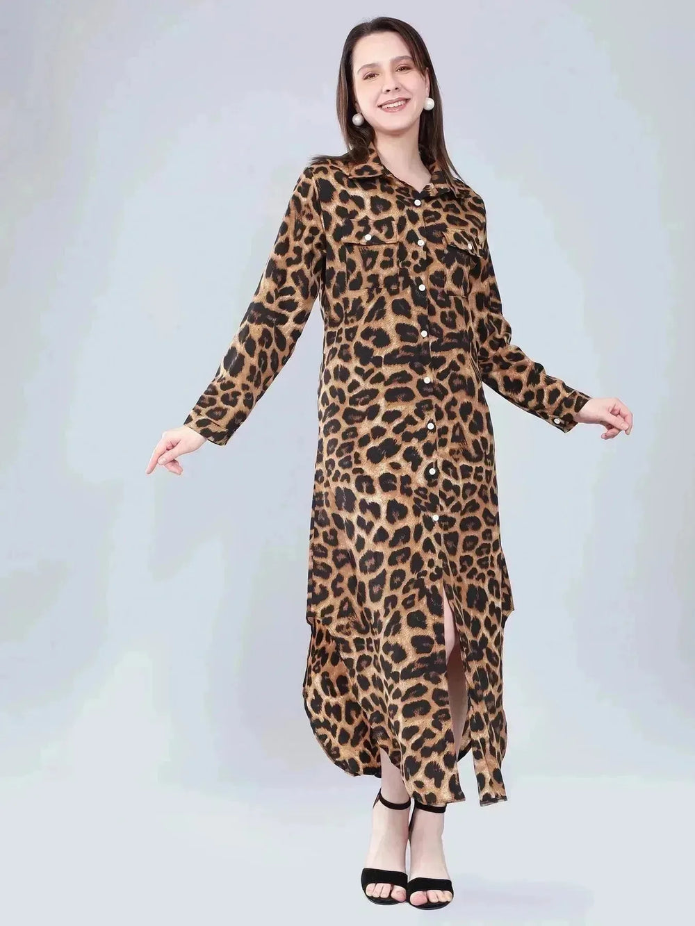 Leopard Print Long Shirt Dress