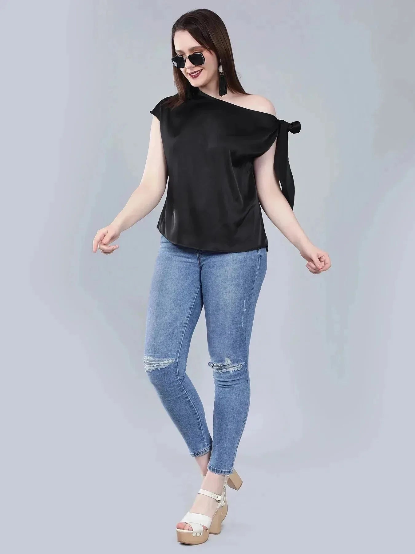 Tie Shoulder Satin Blouse