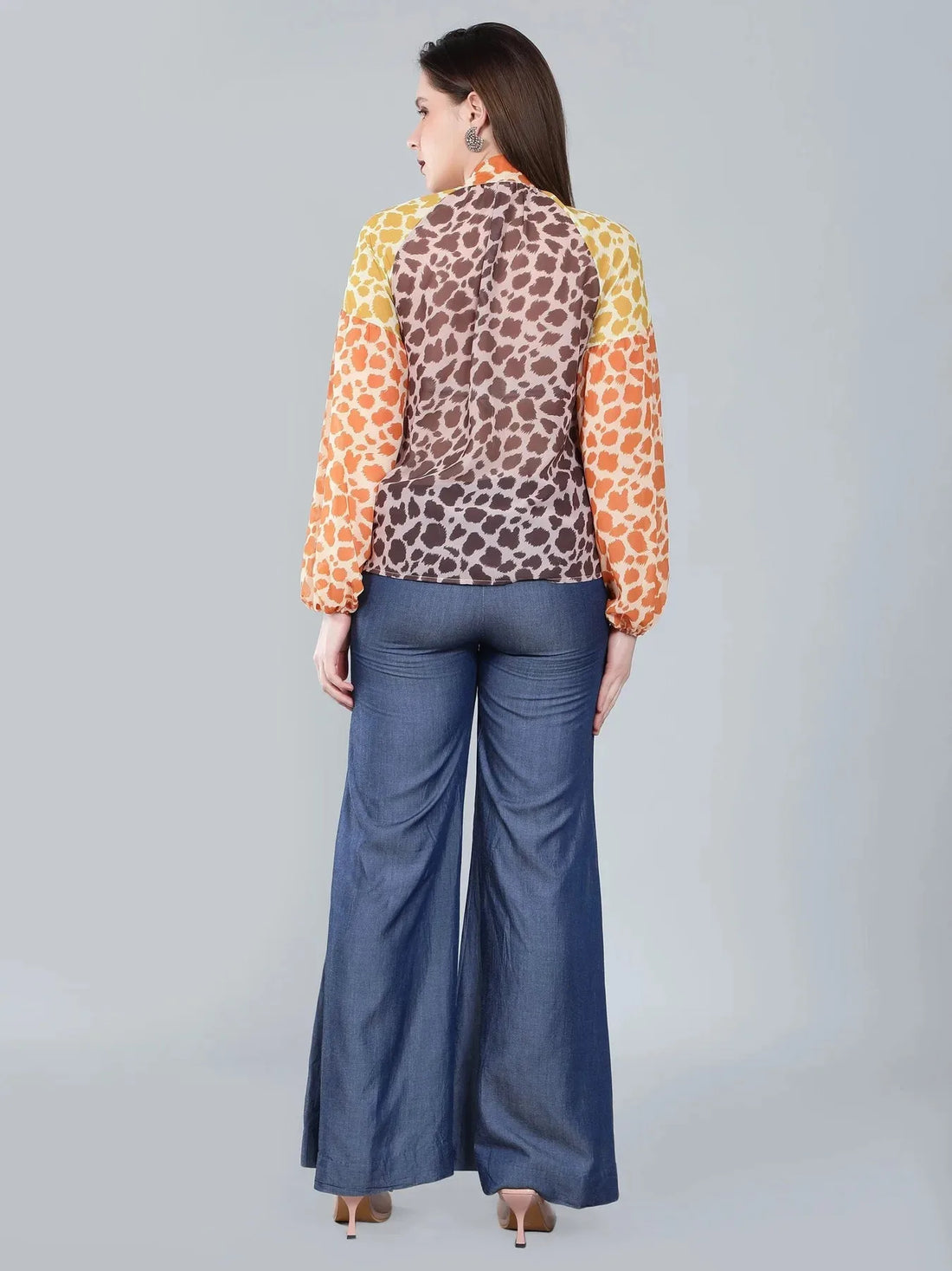Leopard Print Colorblock Tie Neck Blouse