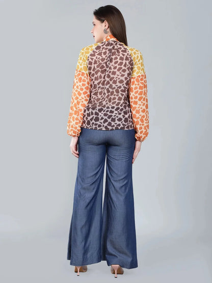 Leopard Print Colorblock Tie Neck Blouse