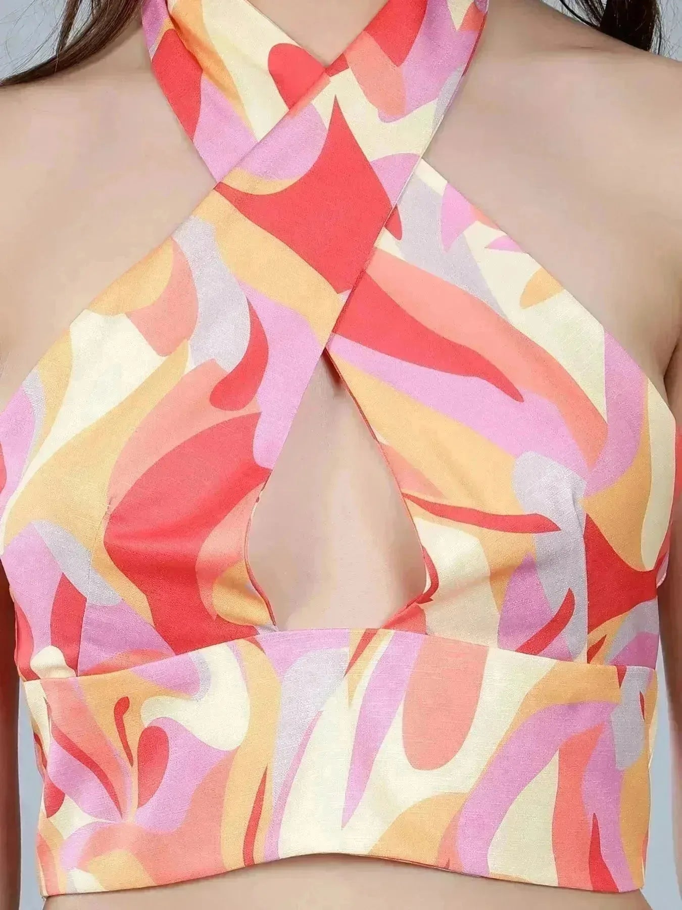 Abstract Print Cross Halter Top