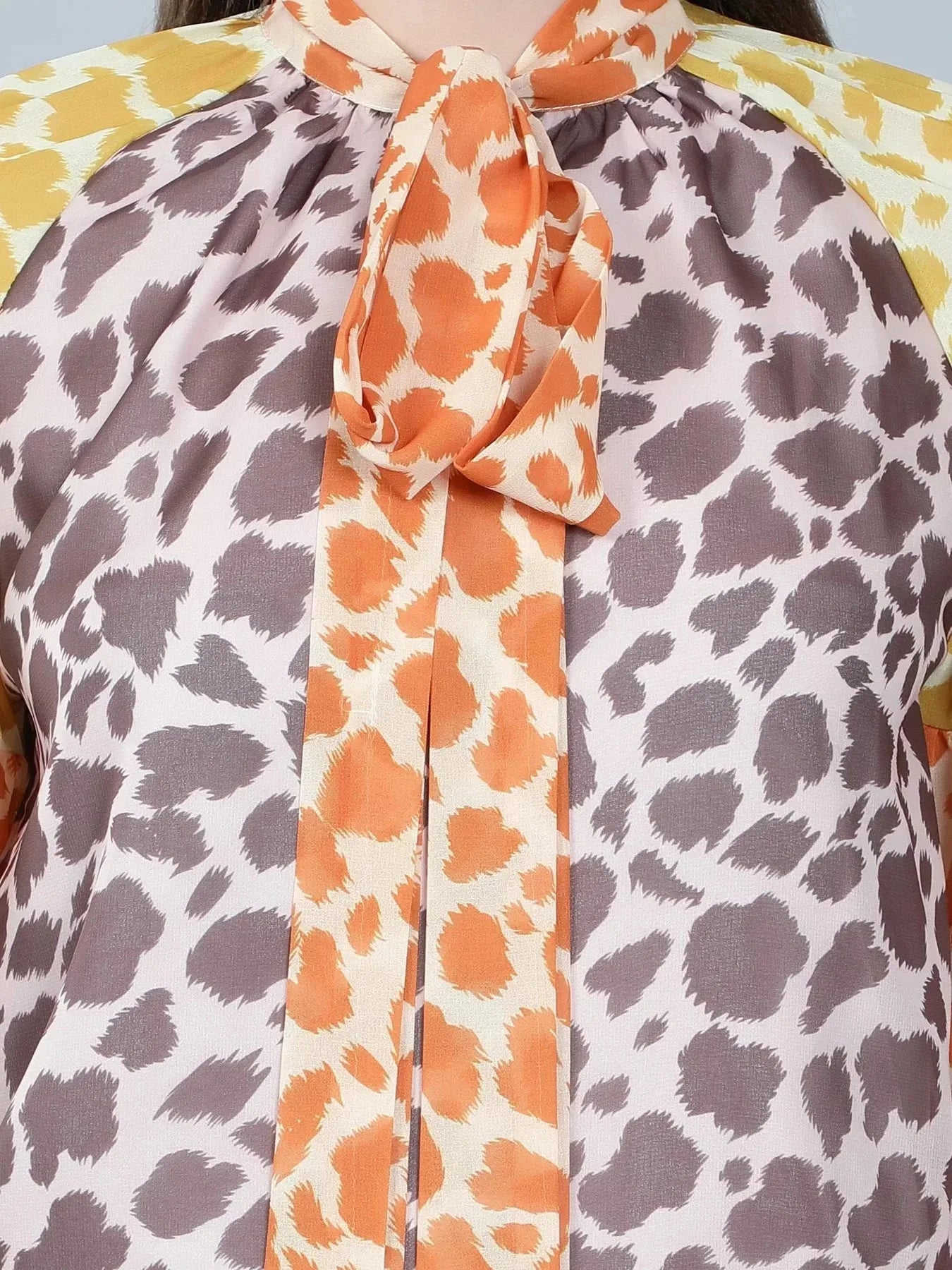 Leopard Print Colorblock Tie Neck Blouse