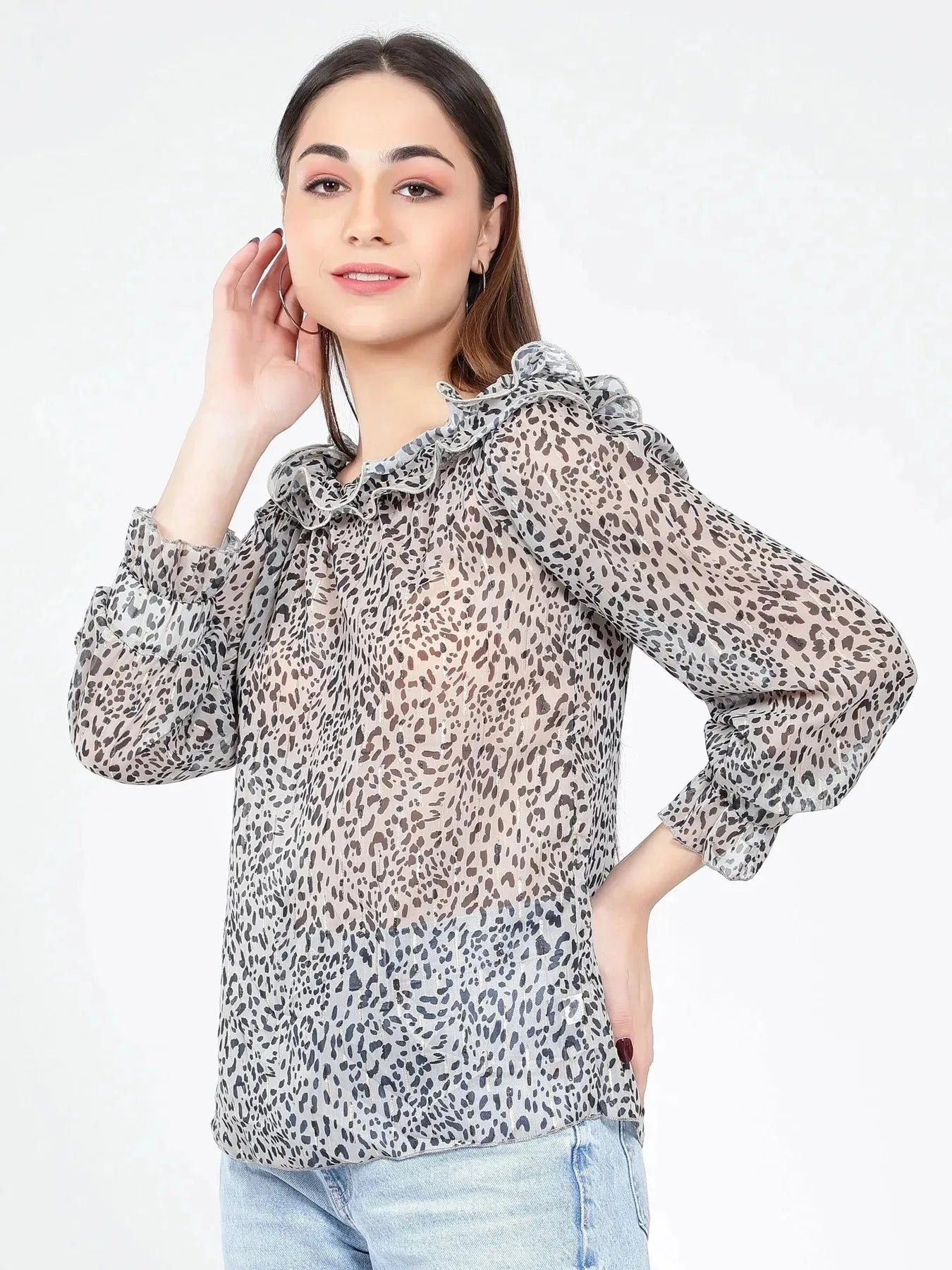 Neck ruffle Animal Print Blouse