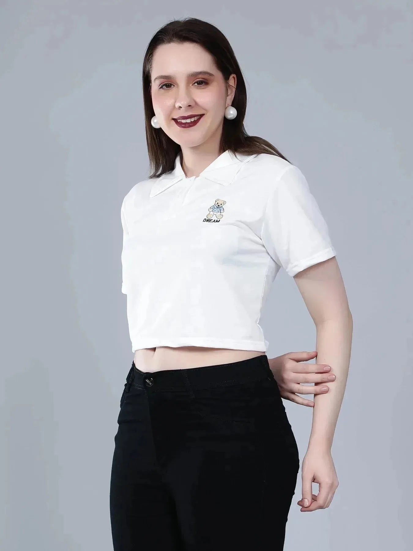 Bear Embroidered Cropped Polo Tee
