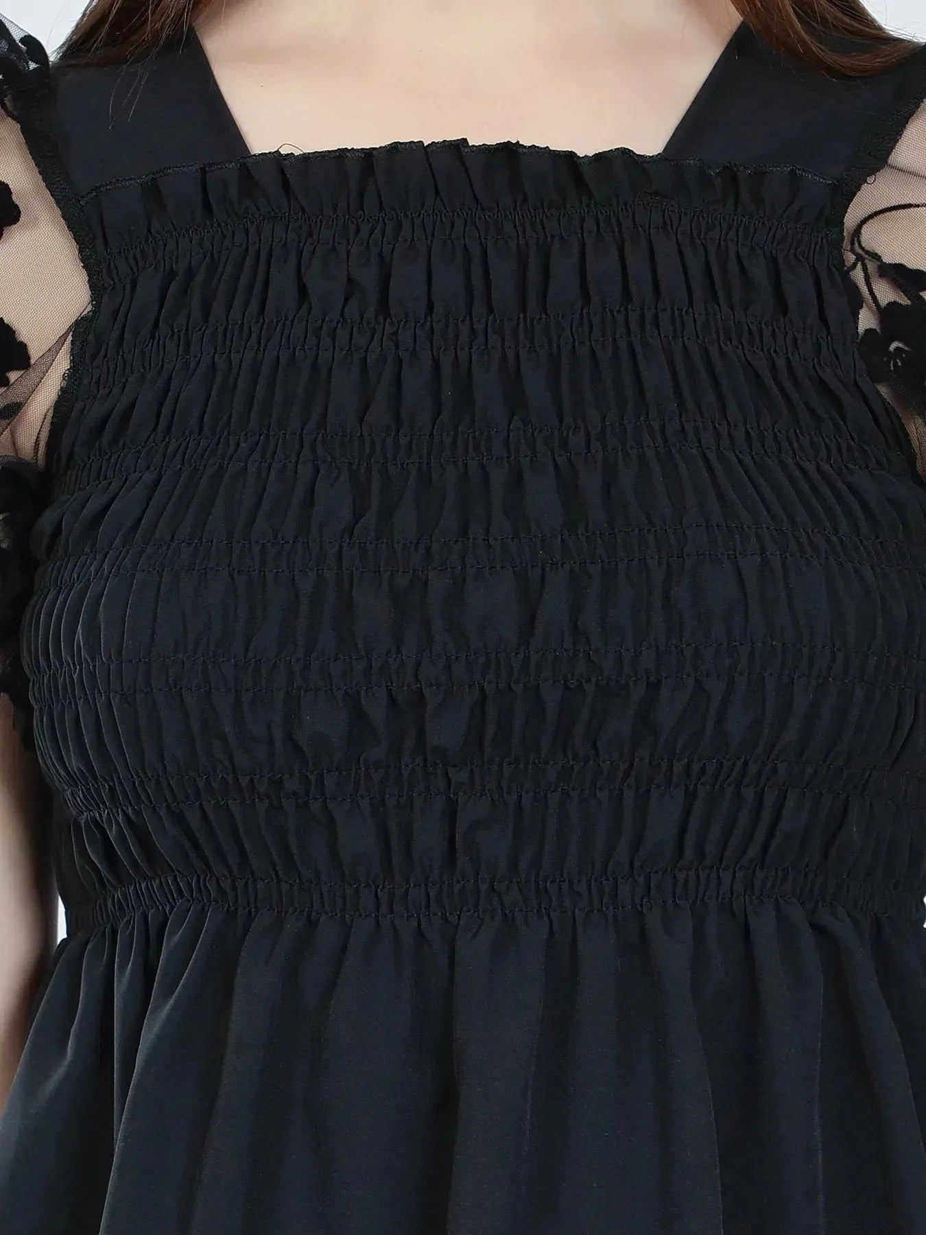 Flock Print Tulle Sleeves Smocking Top