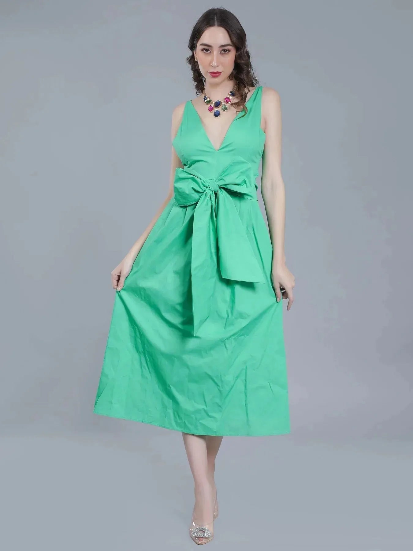 Deep V-Neck Cotton Dress