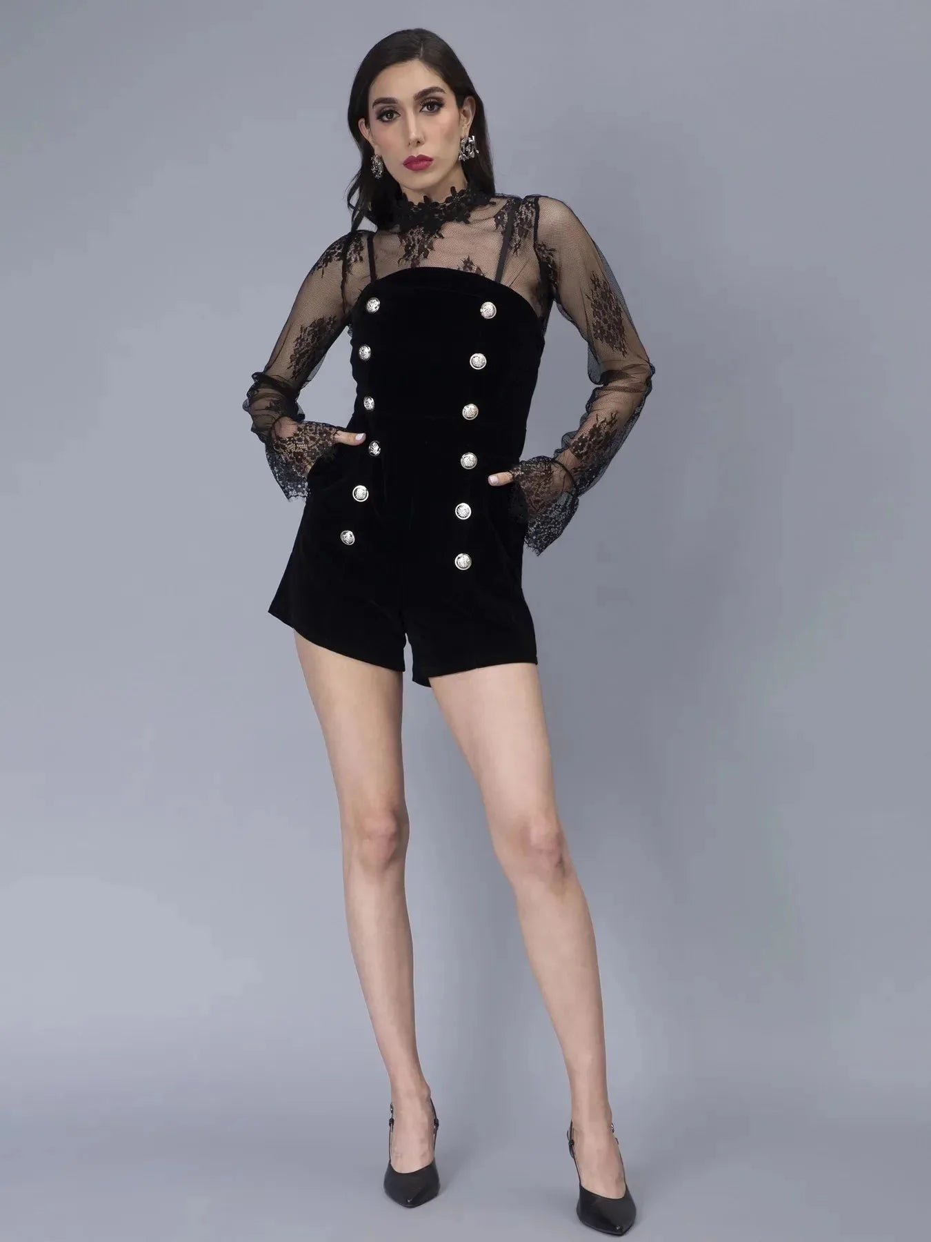 Velvet Playsuit With Lace Top