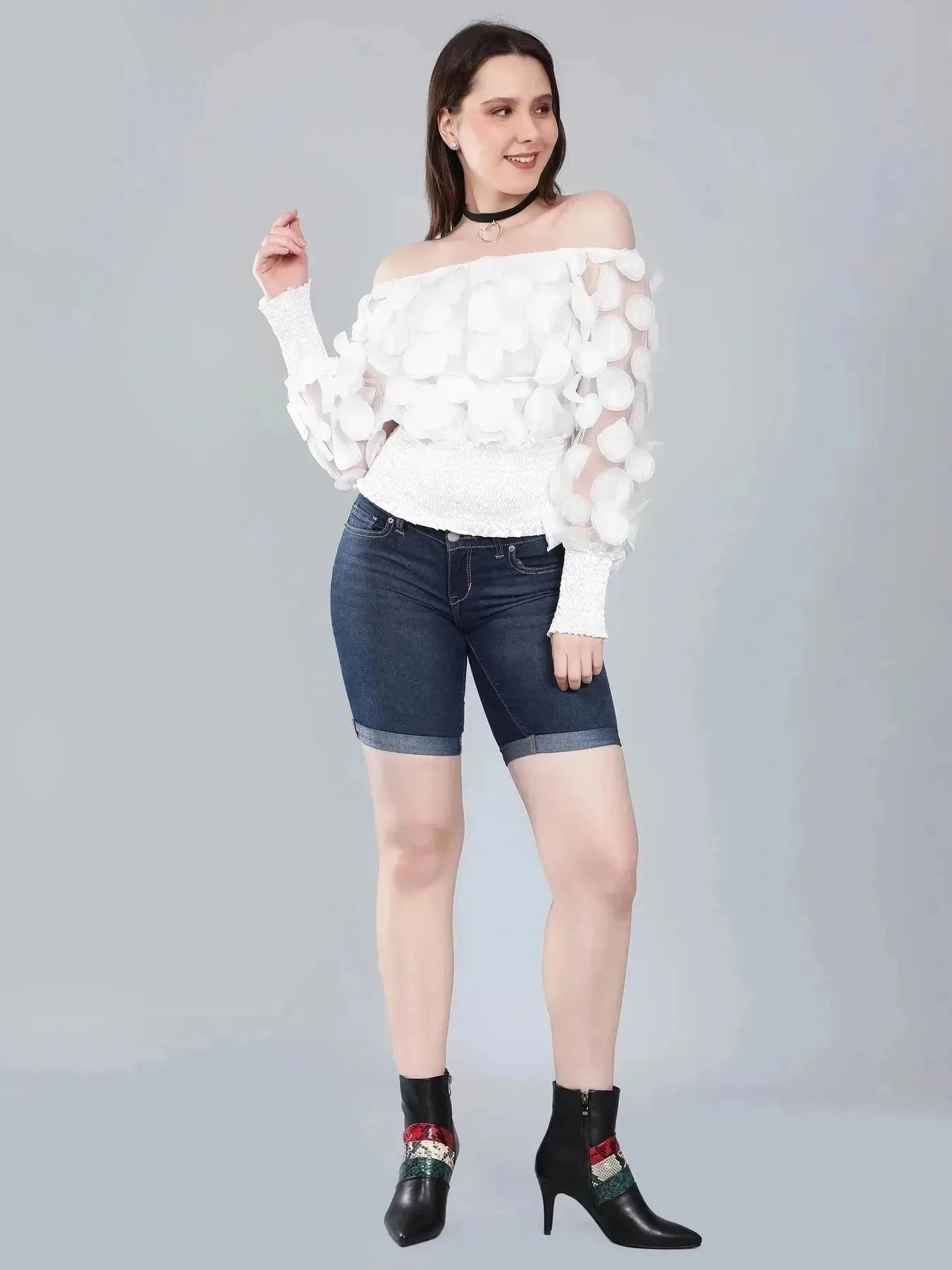 Lantern Sleeve Mesh Ruched Blouse