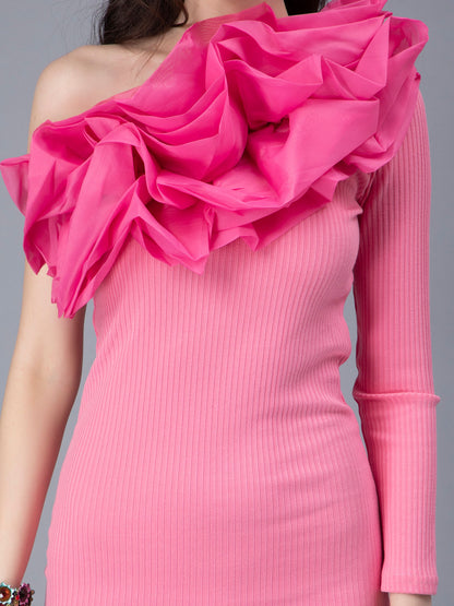 One Shoulder Ruffle Rib Knit Dress