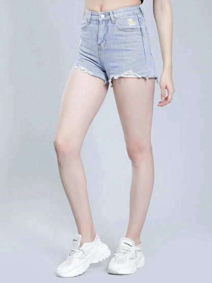 Flower Embroidery Ripped Denim Shorts