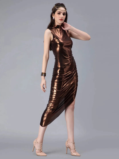 Metallic Side Ruching Asymmetrical Dress