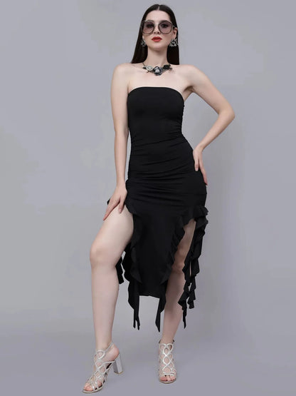 Ruffle Trim Split Thigh Tube Dress