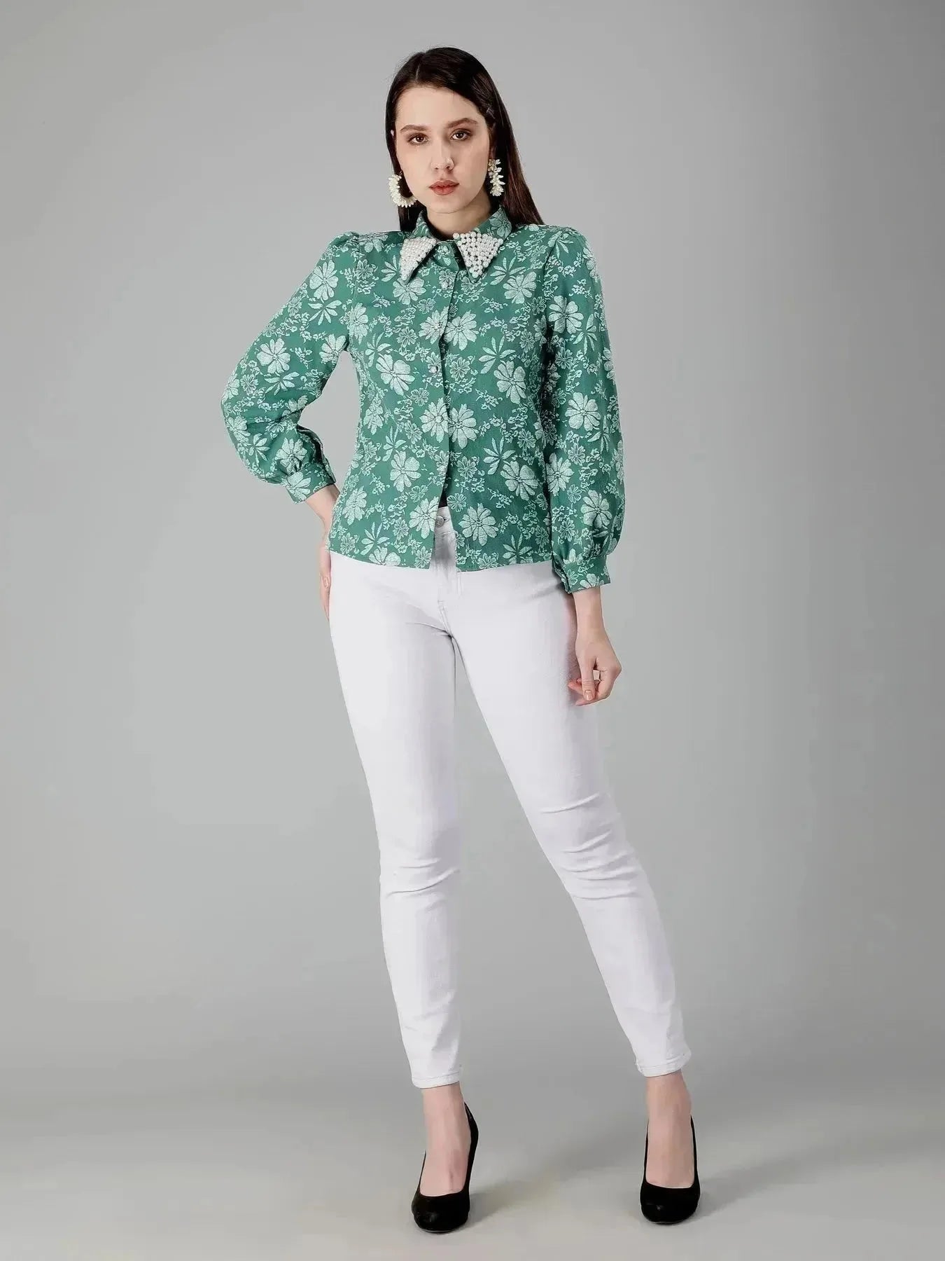Pearl Beading Jacquard Shirt