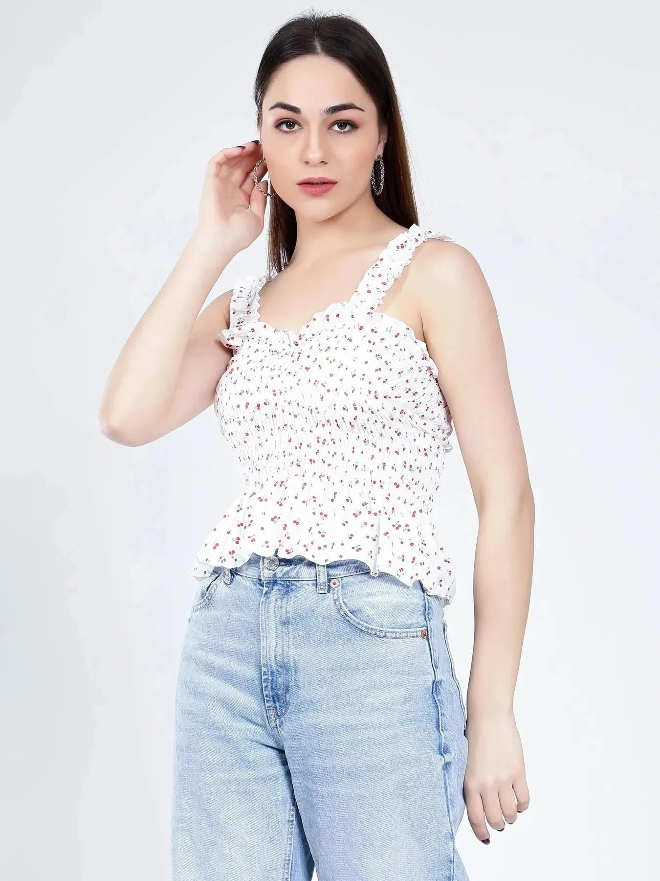 Smocking Cherry Print Top