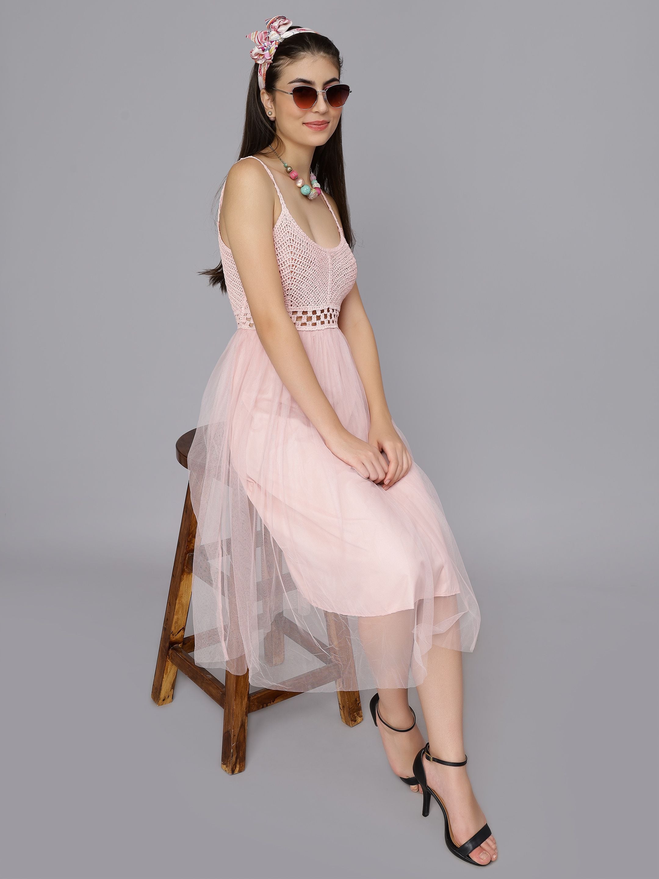Summer Crochet Tulle Midi Dress