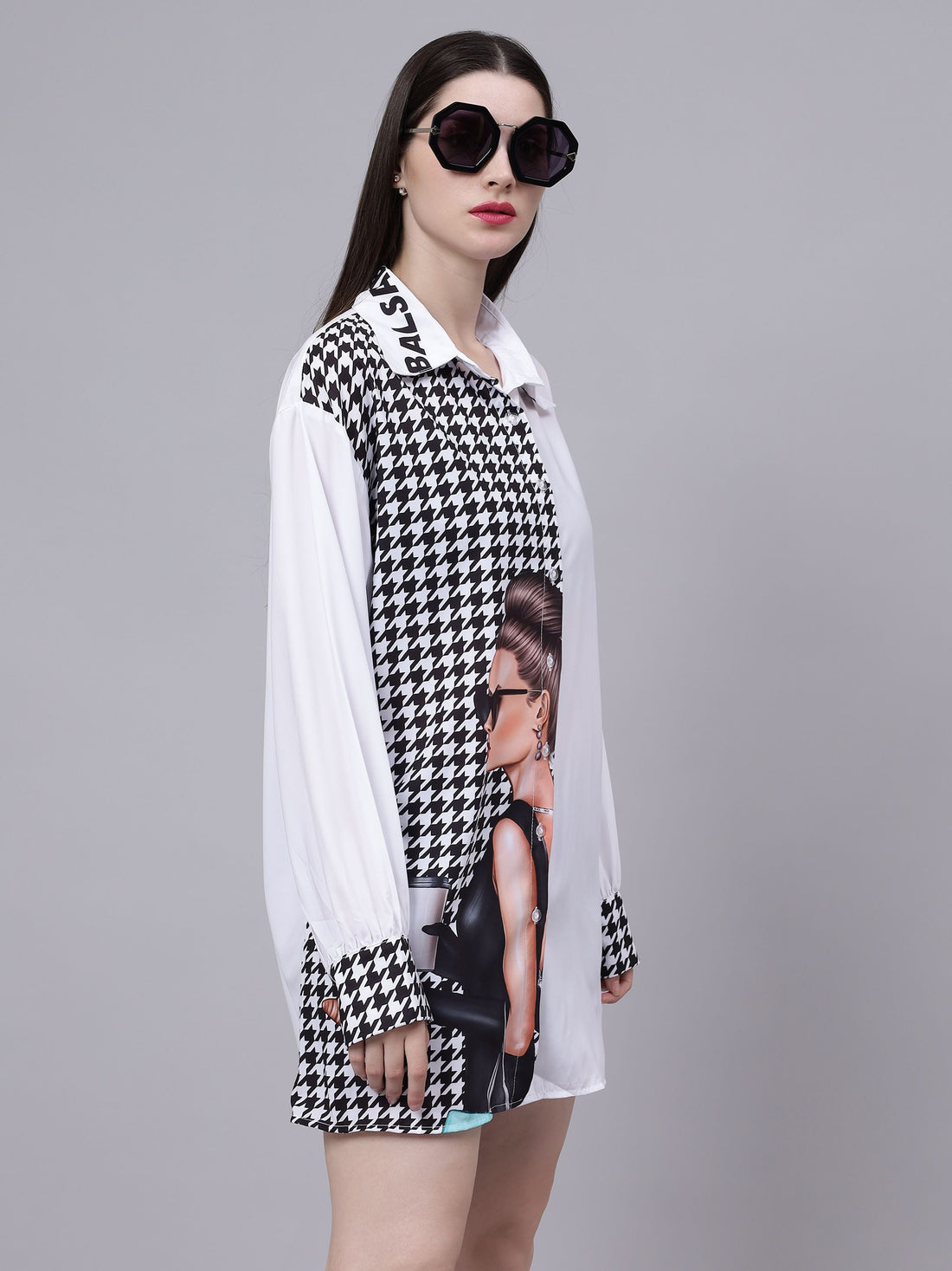 Houndstooth Pattern Oversized Shirt