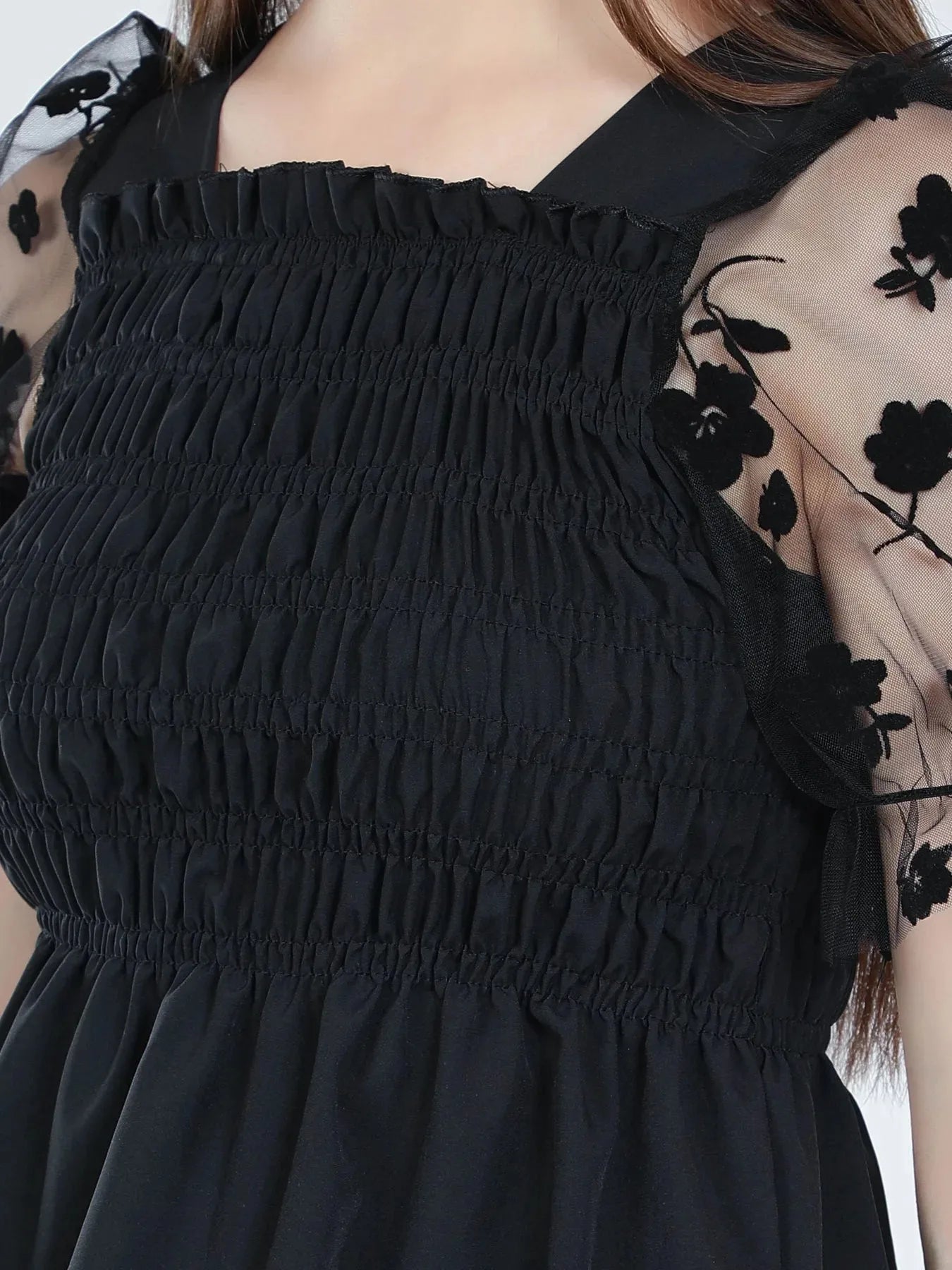 Flock Print Tulle Sleeves Smocking Top