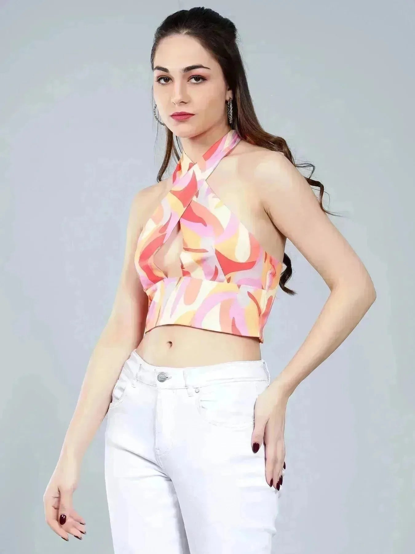 Abstract Print Cross Halter Top