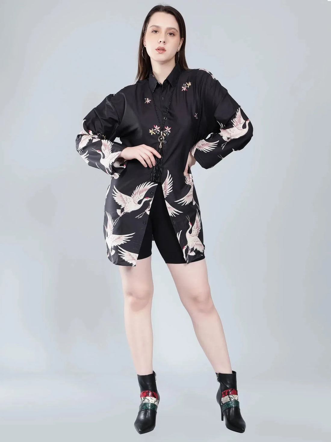 Crane Print Oversized Shirt