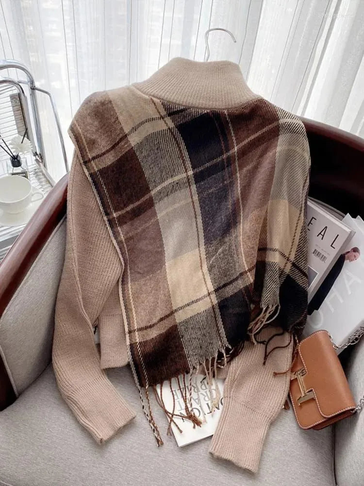 Plaid Cape Knitted Cardigan