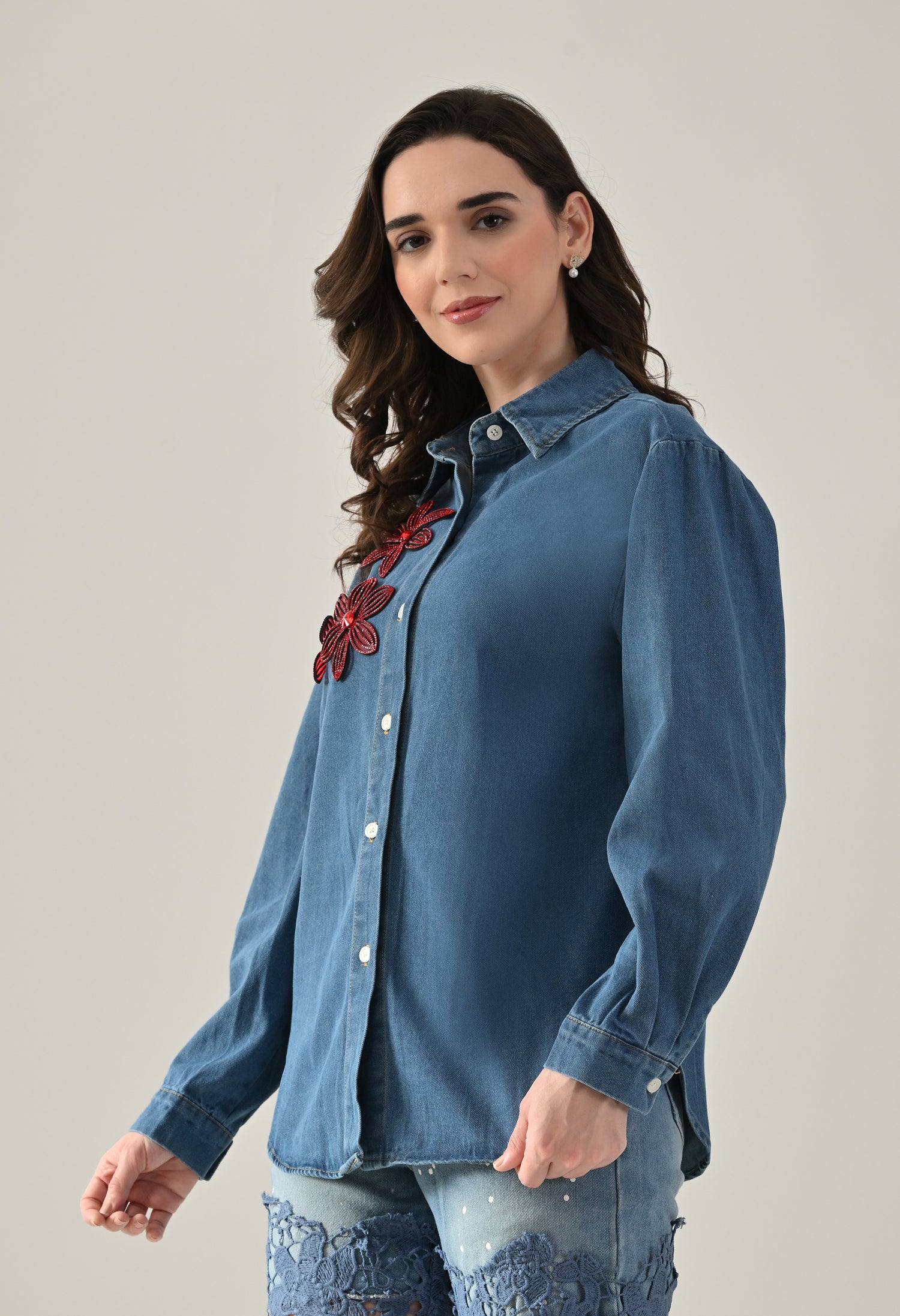 Rhinestone Patch Denim Shirt