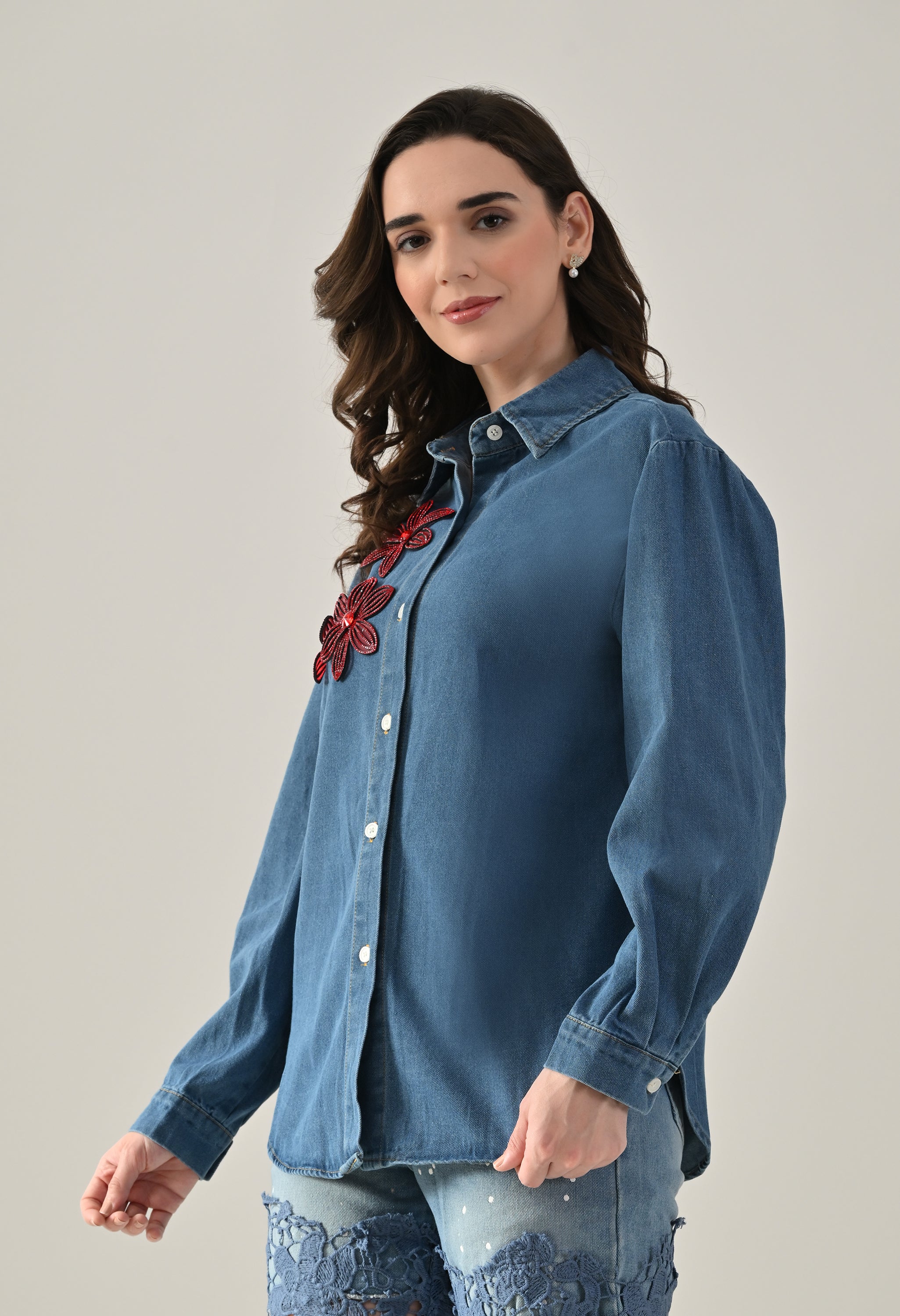 Rhinestone Patch Denim Shirt