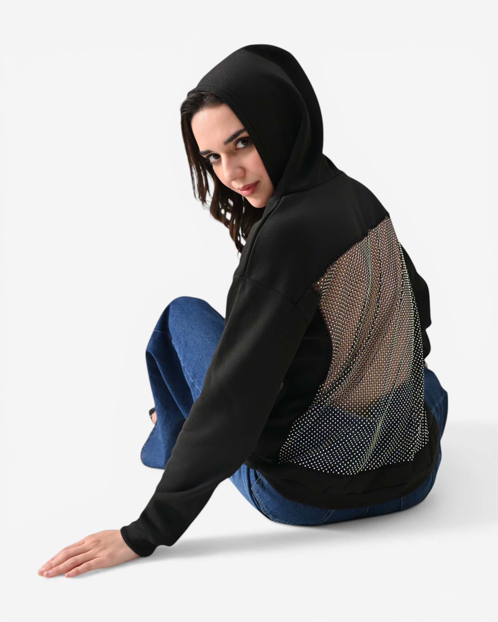 Rhinestone Mesh Back Hoodie