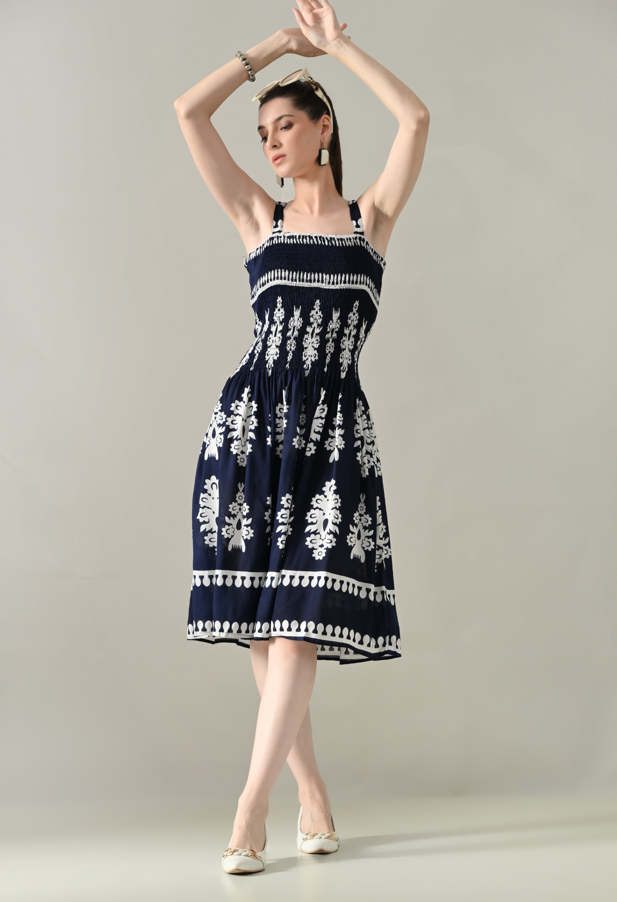 Printed Smocked Midi Dress