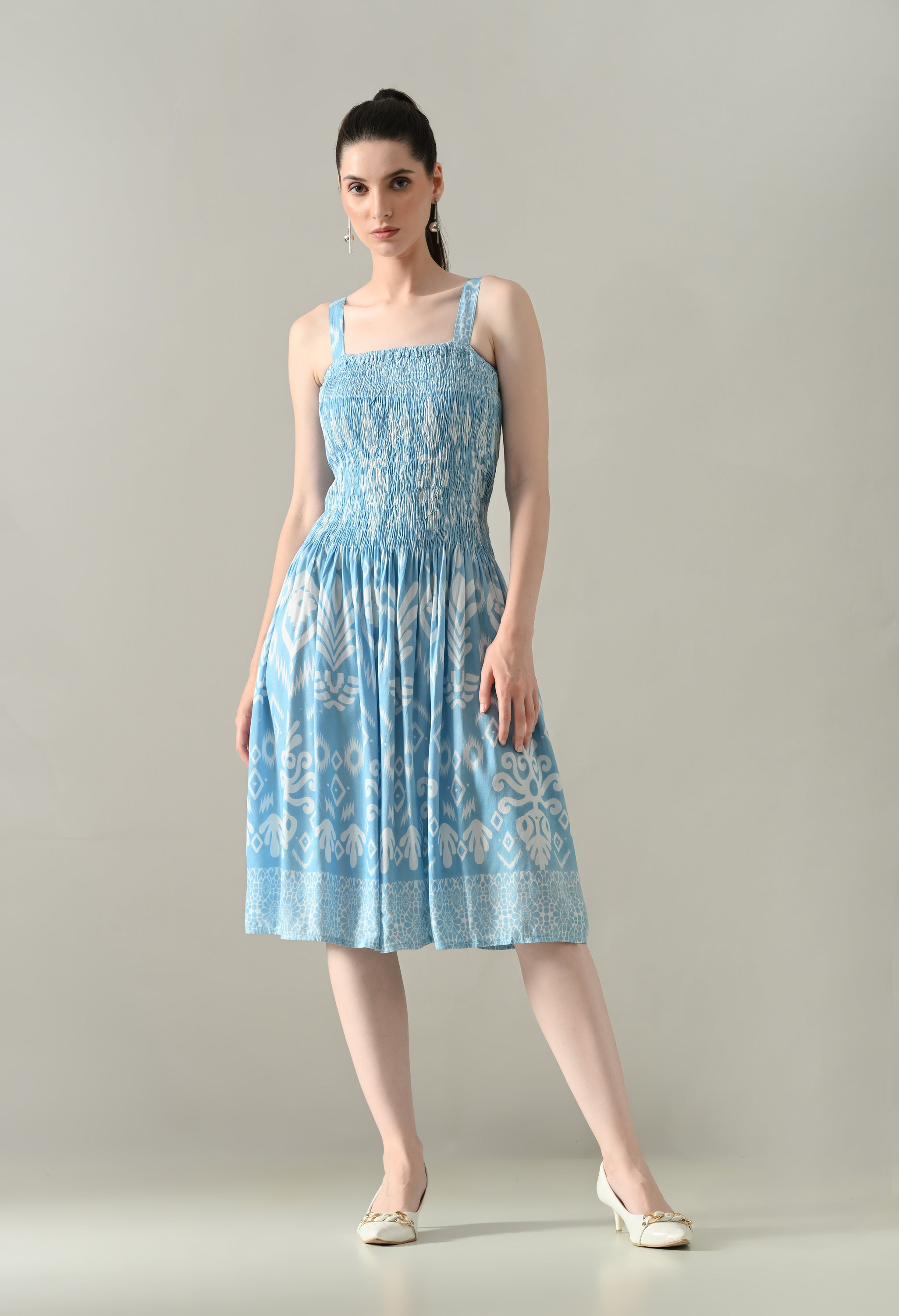 Printed Smocked Midi Dress