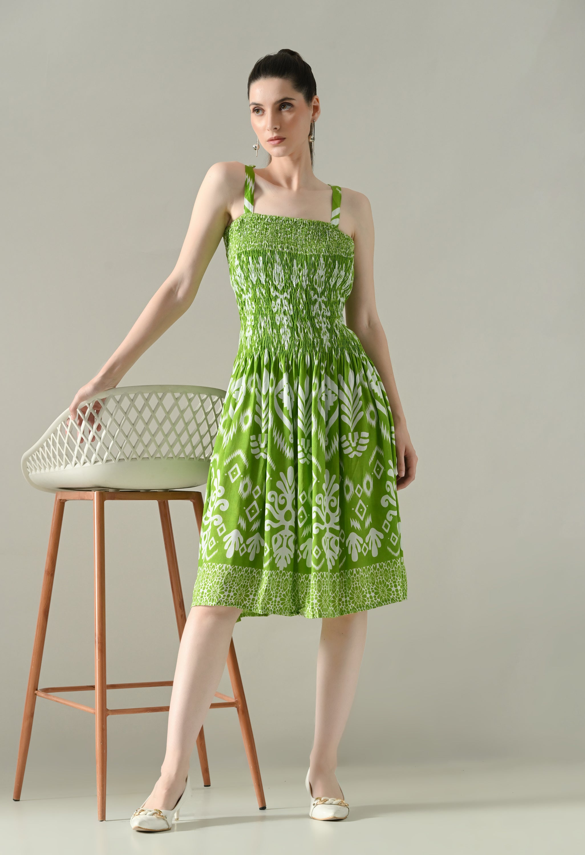 Printed Smocked Midi Dress