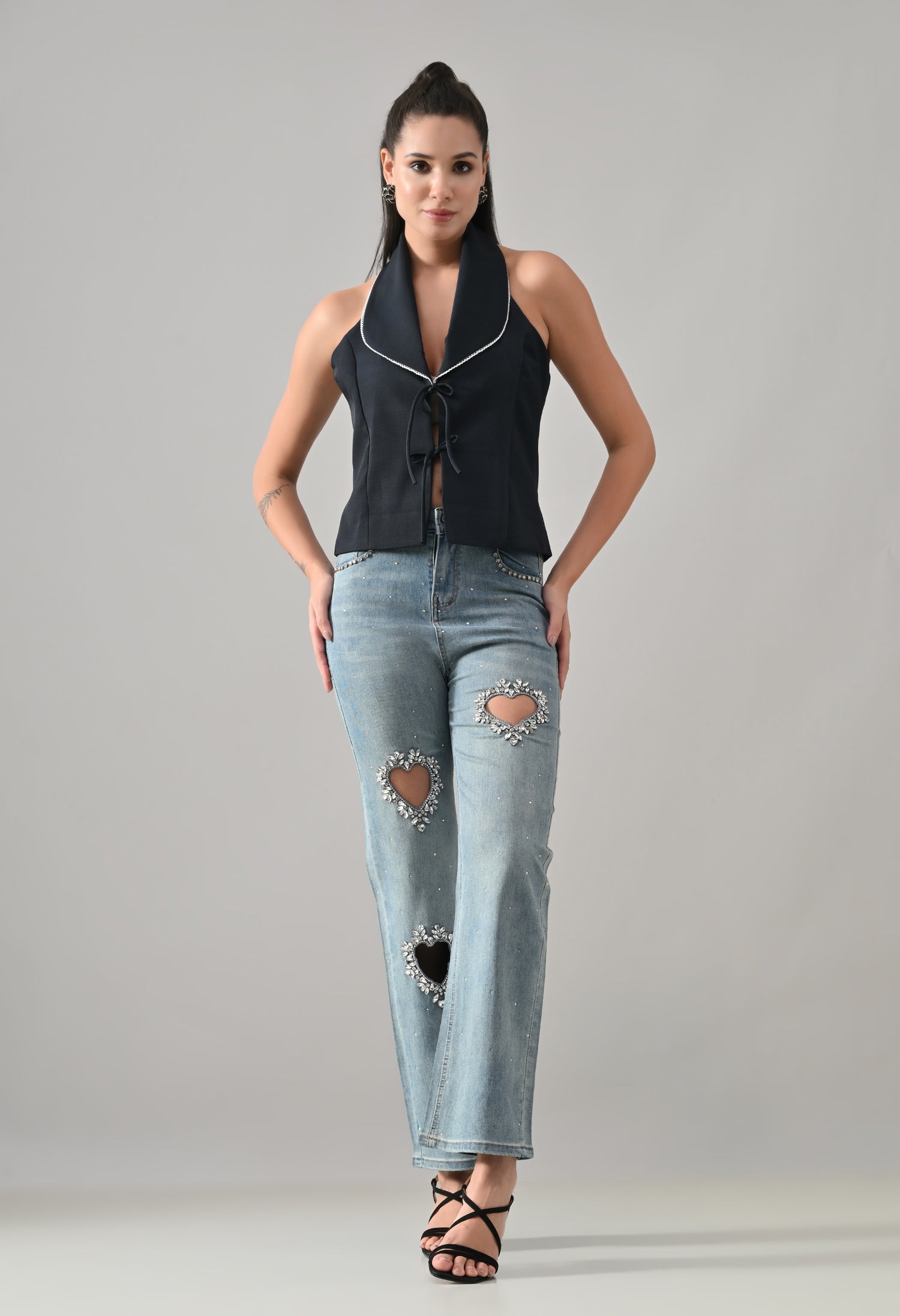 Crystal Heart Cut-Out Denim