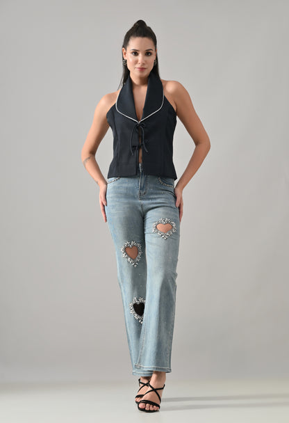 Crystal Heart Cut-Out Denim