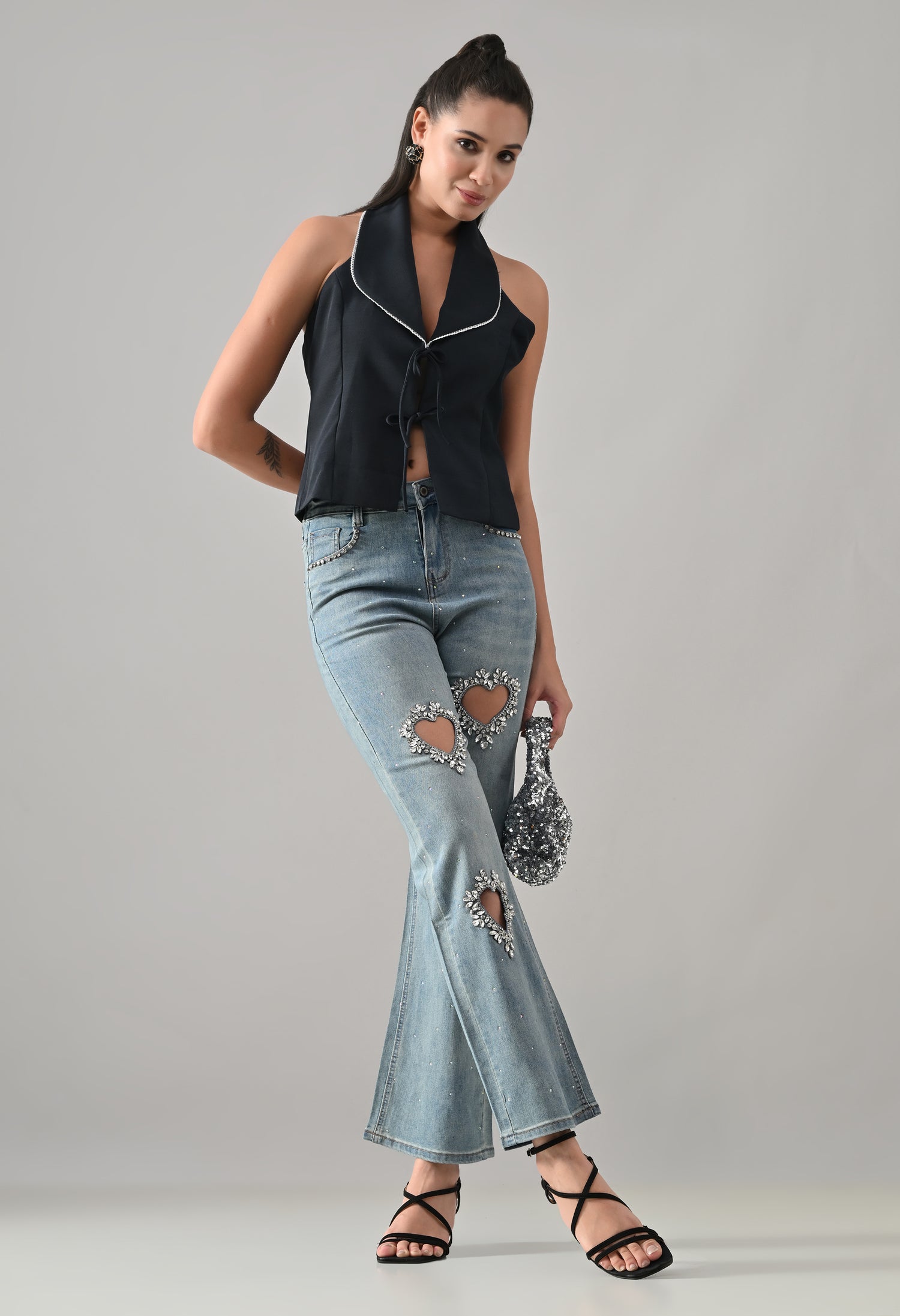 Crystal Heart Cut-Out Denim