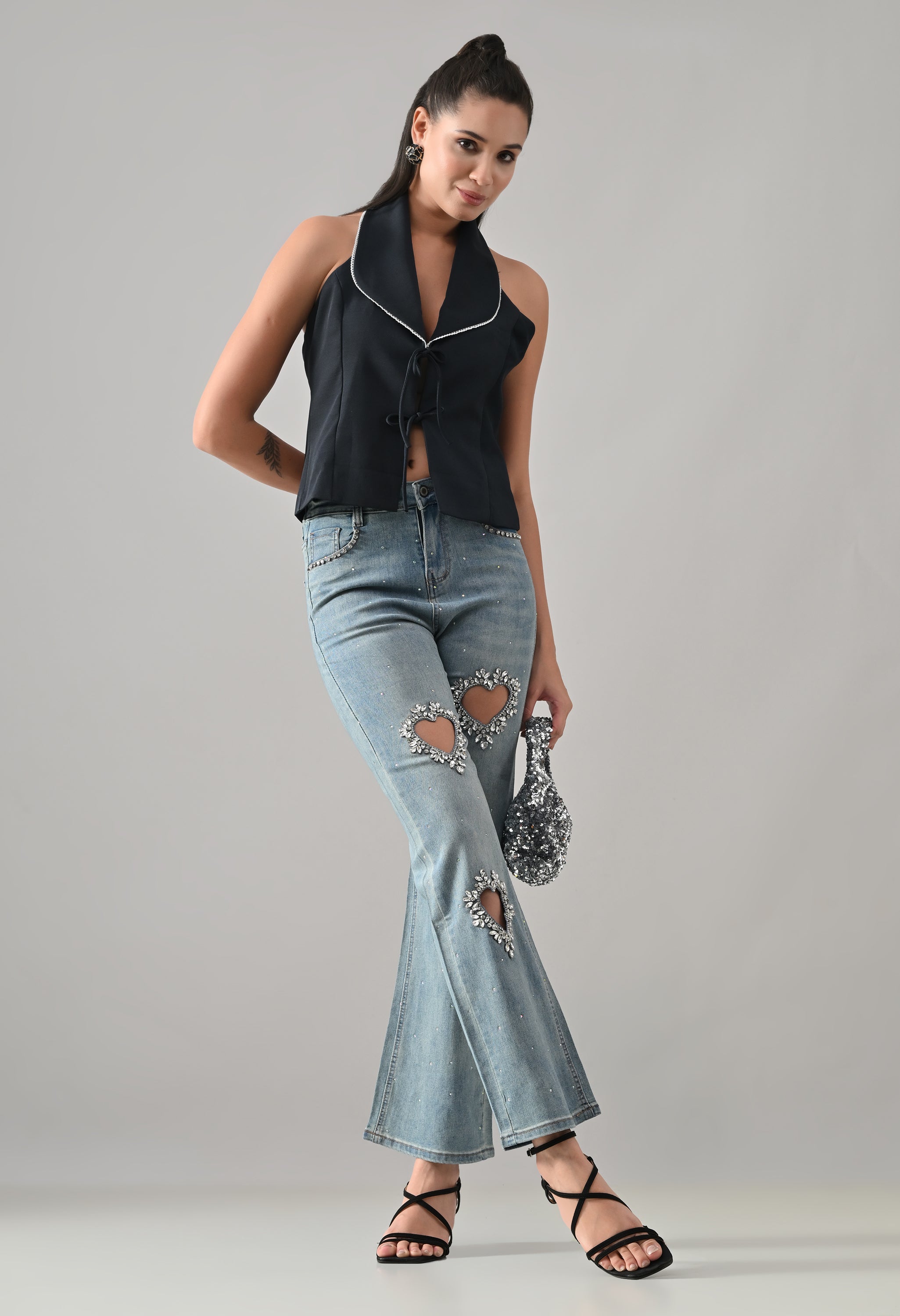 Crystal Heart Cut-Out Denim