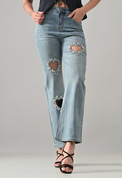 Crystal Heart Cut-Out Denim