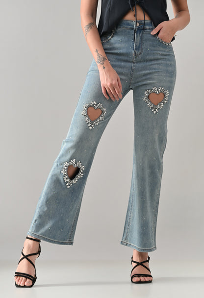 Crystal Heart Cut-Out Denim