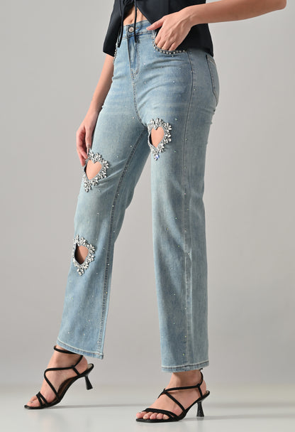 Crystal Heart Cut-Out Denim