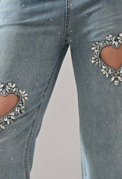 Crystal Heart Cut-Out Denim