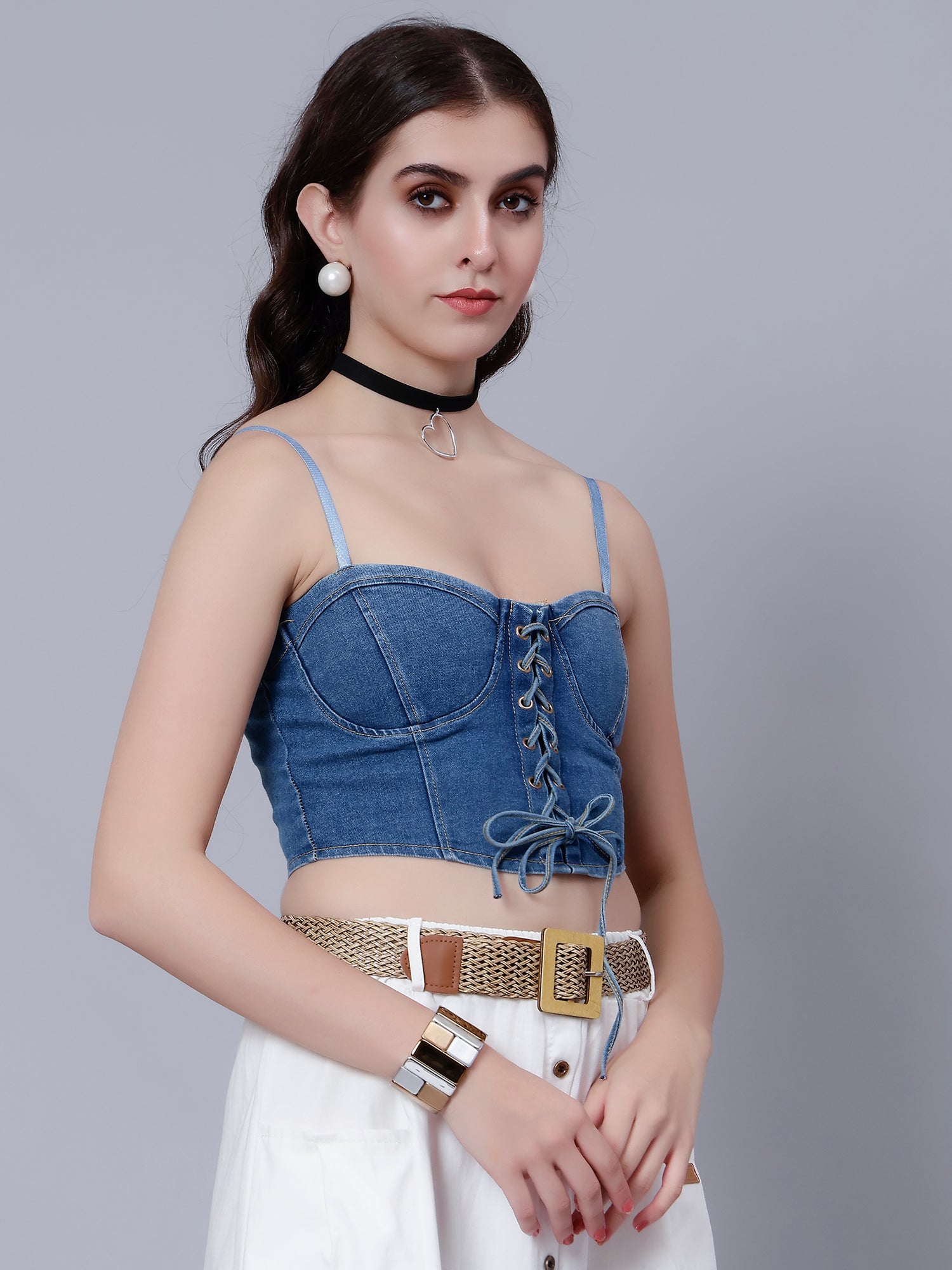 Lace-Up Denim Crop Top