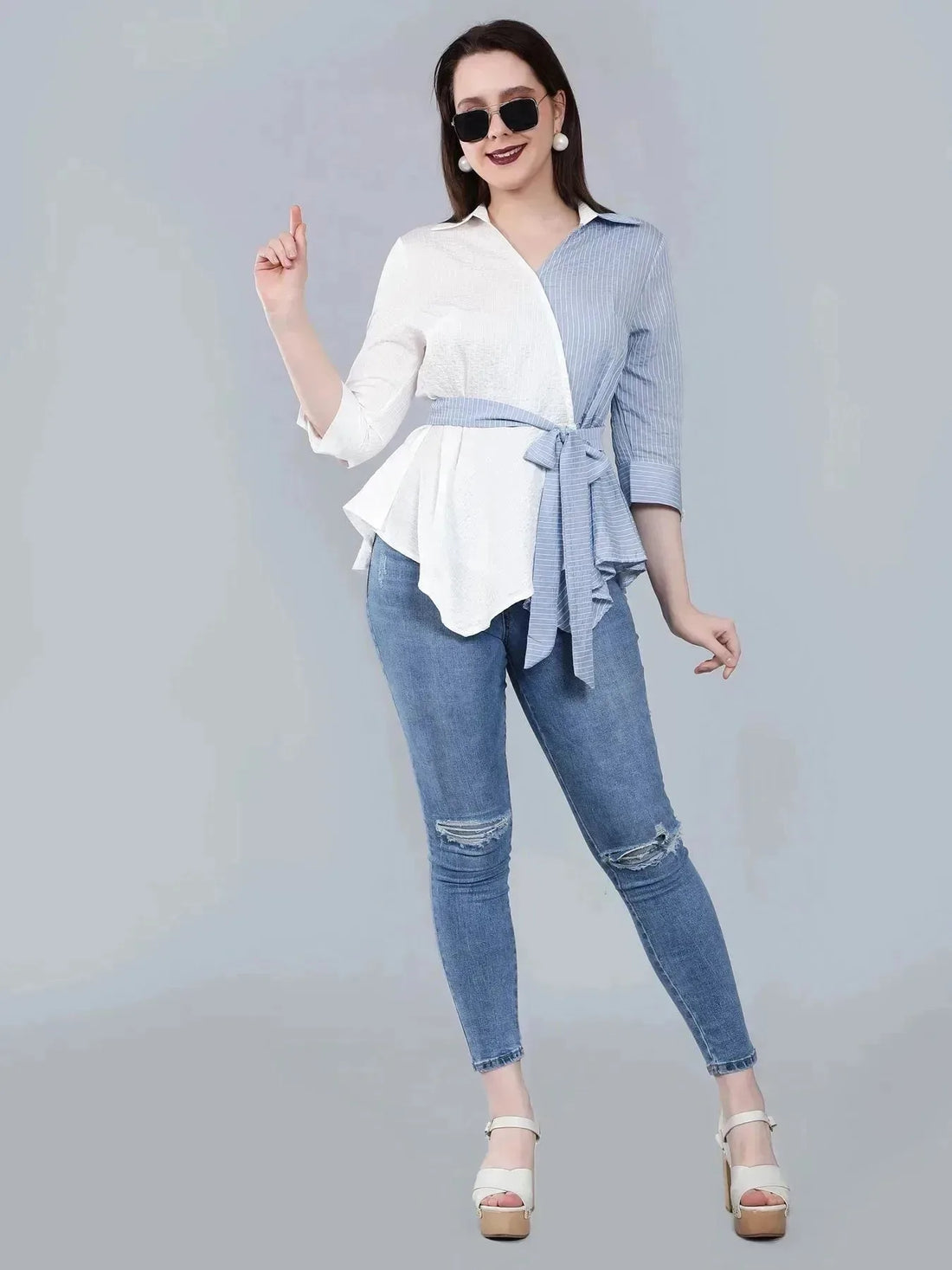 Colorblock Overlap Assymetrical Belted Top