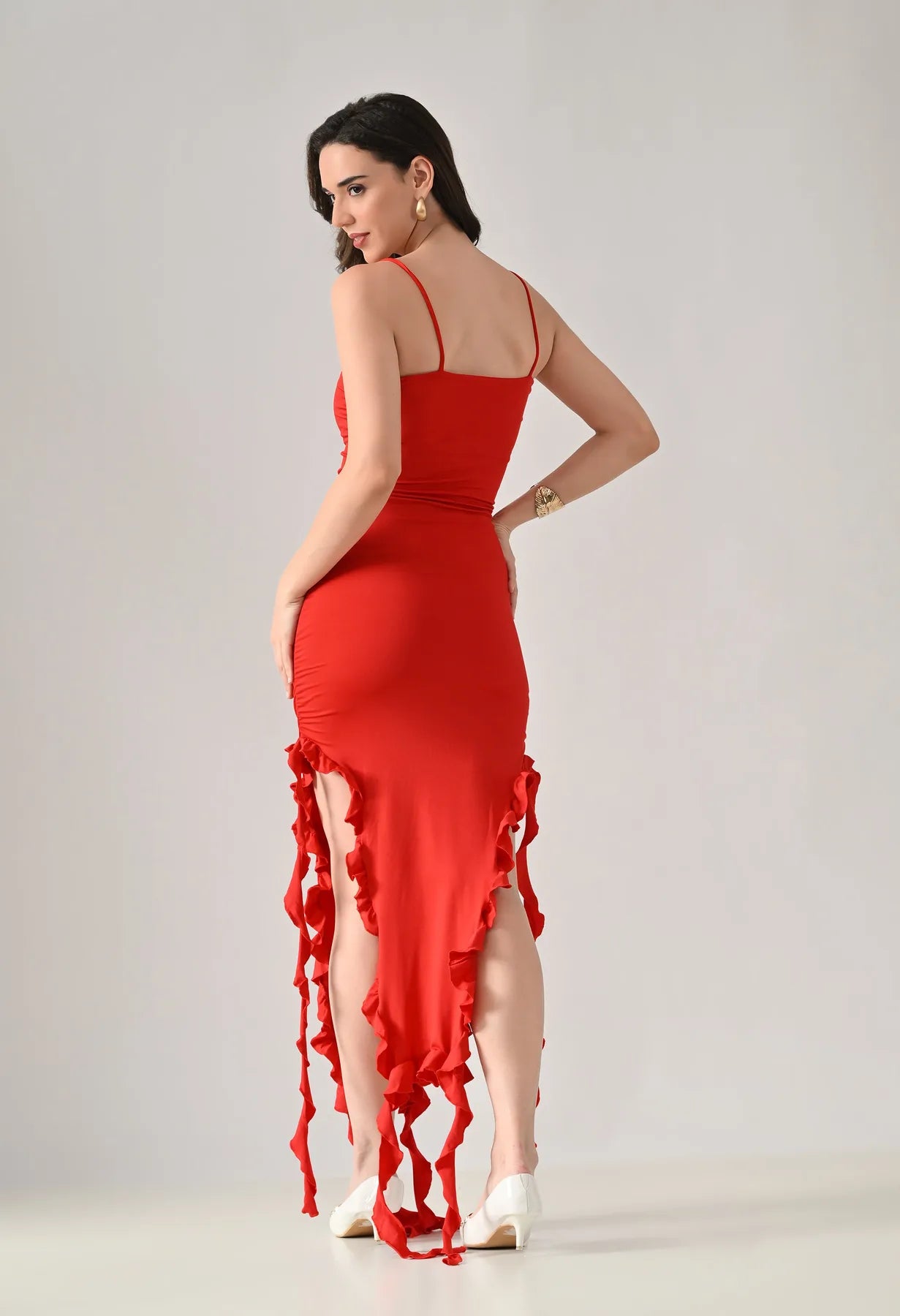 Ruffle Slit Midi Dress