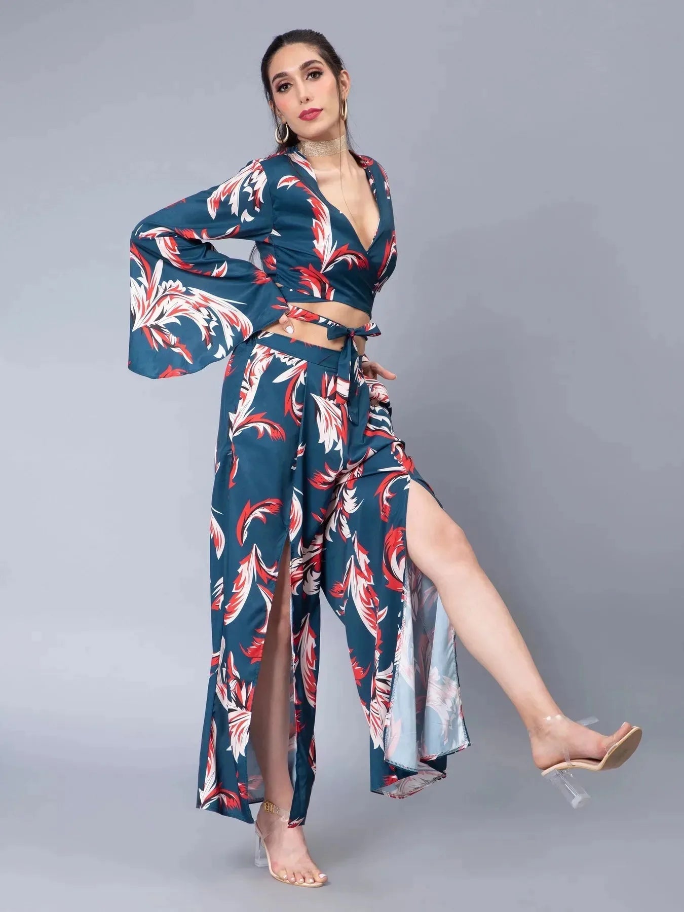 Tie Belt Wrap Top With Pants Set