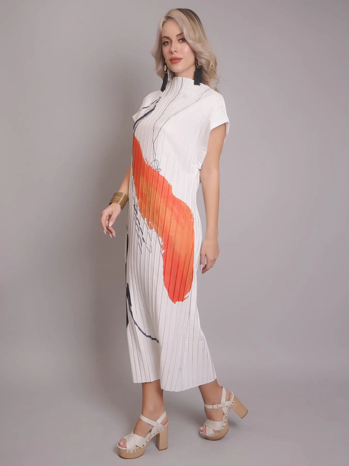 Printed Pleated Midi Dress