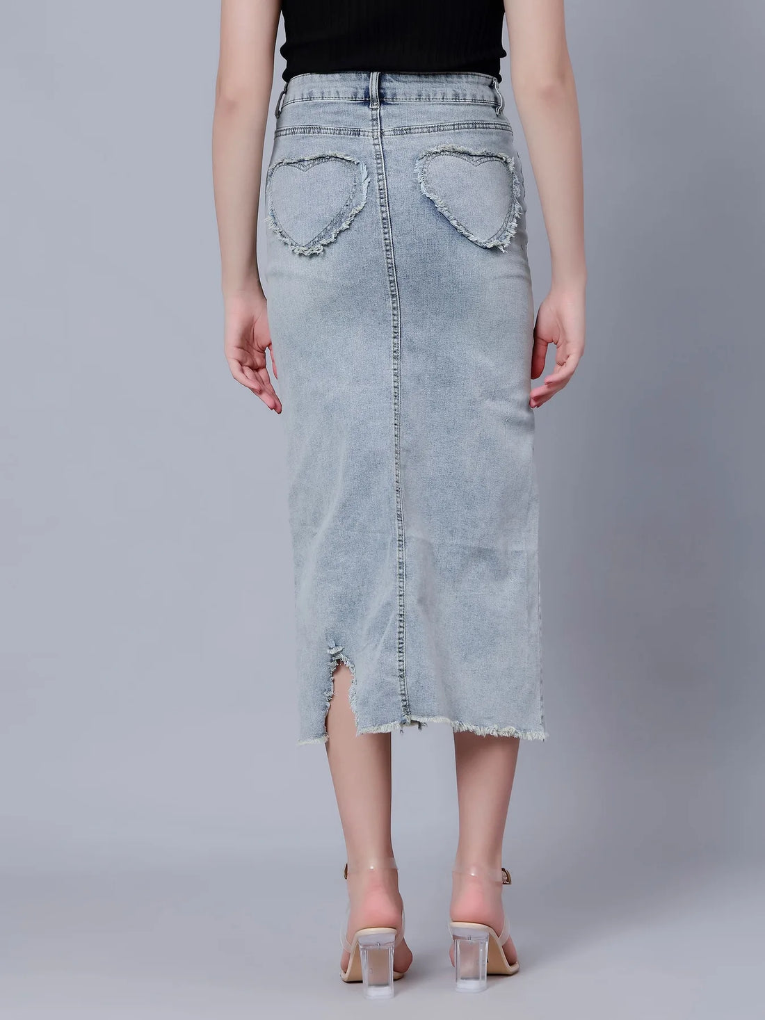 High-Rise Slit Frayed Denim Skirt