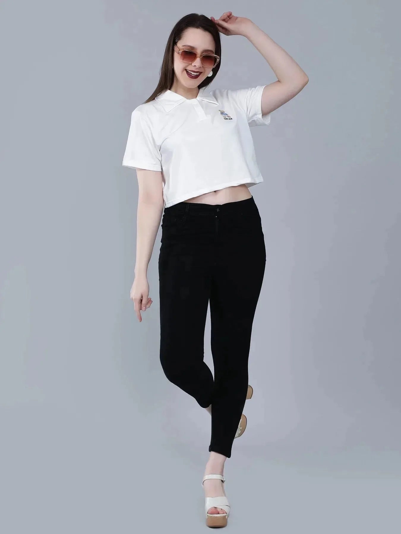 Bear Embroidered Cropped Polo Tee