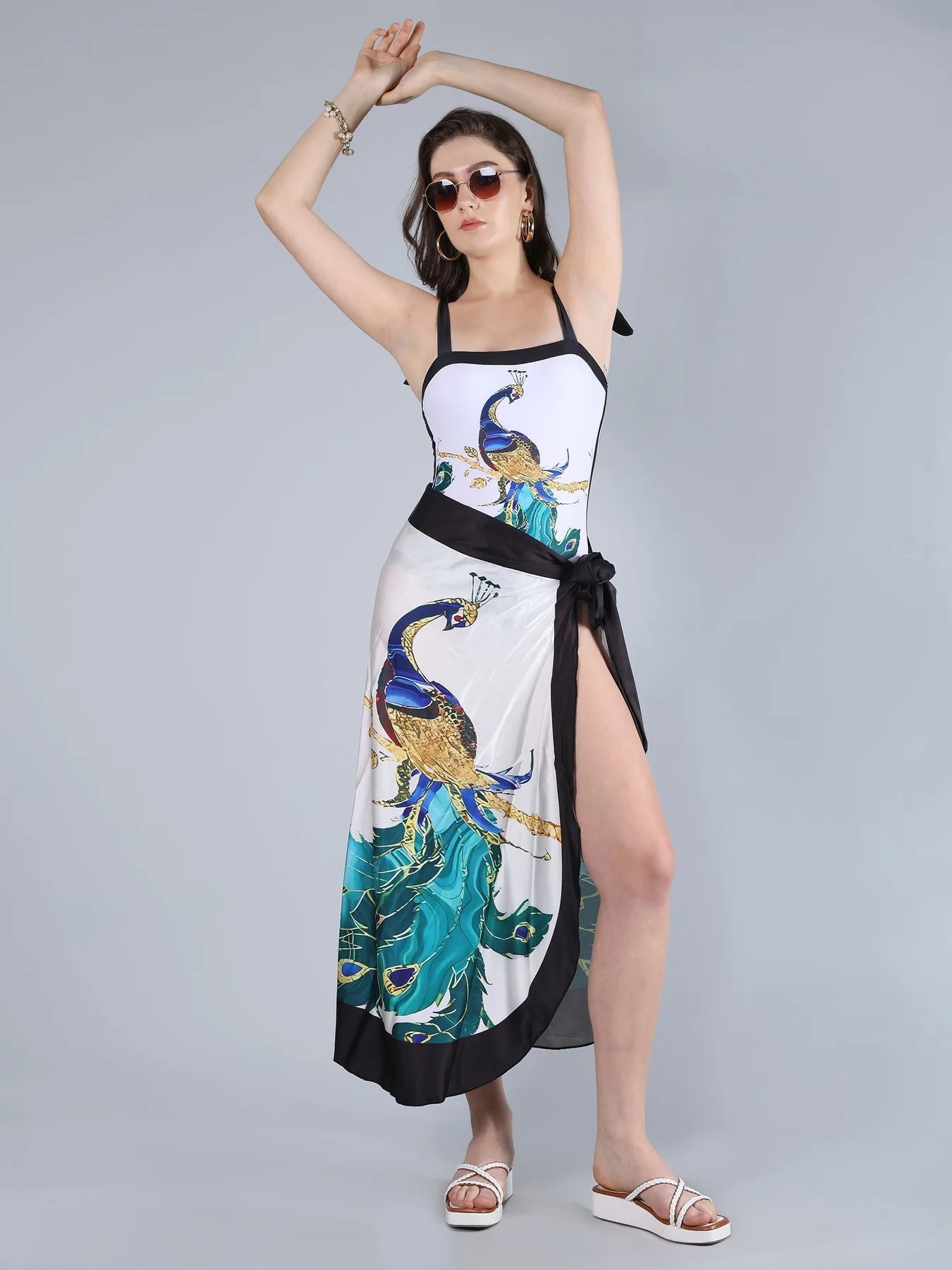 Peacock Printed Monokini With Sarong
