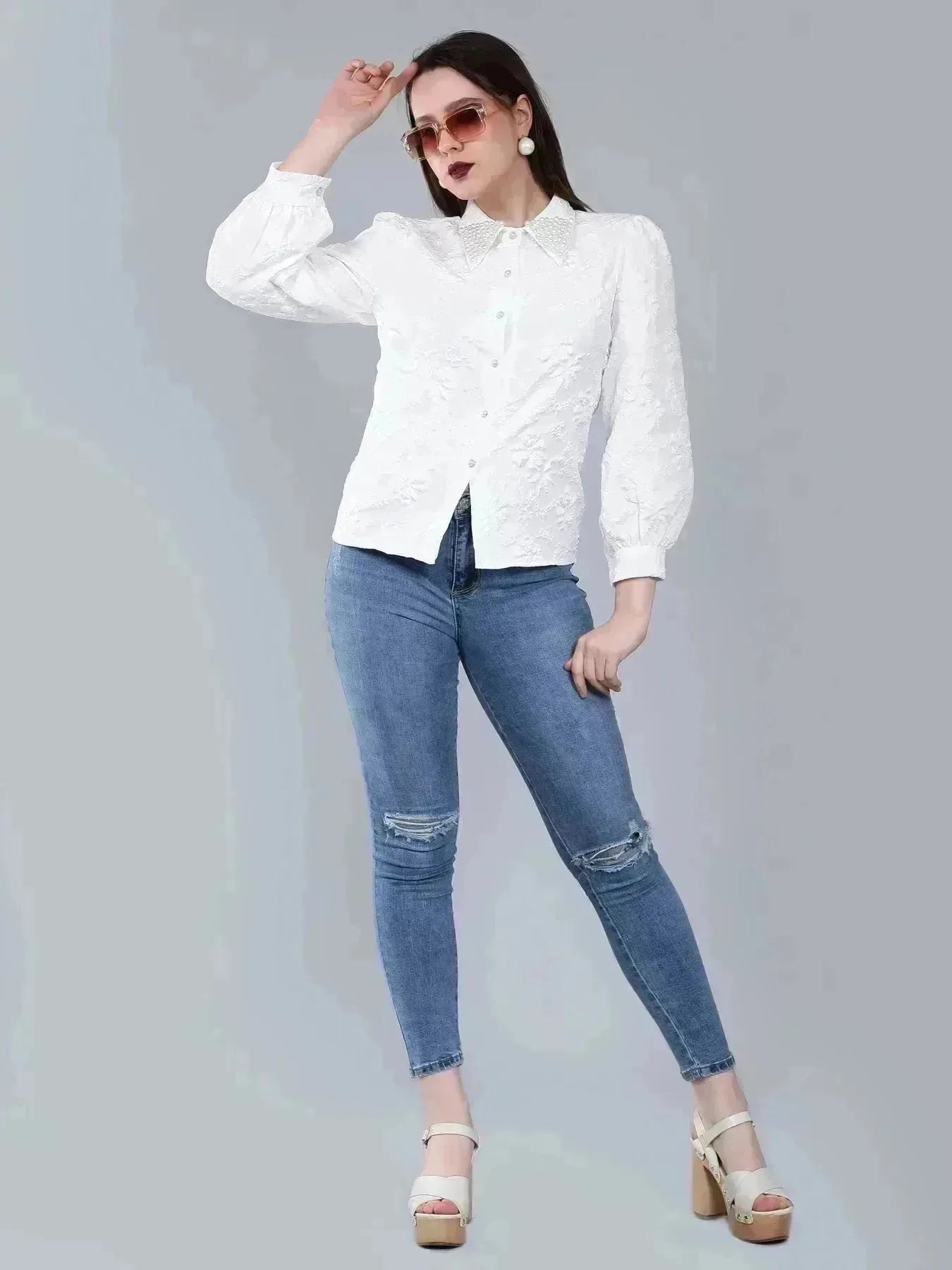Pearl Beading Jacquard Shirt