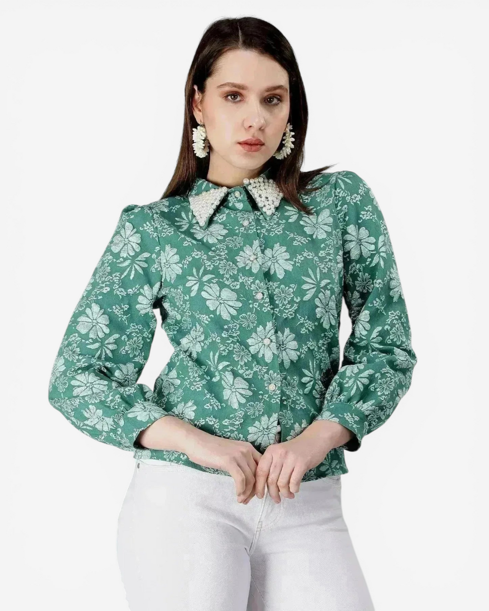 Pearl Beading Jacquard Shirt