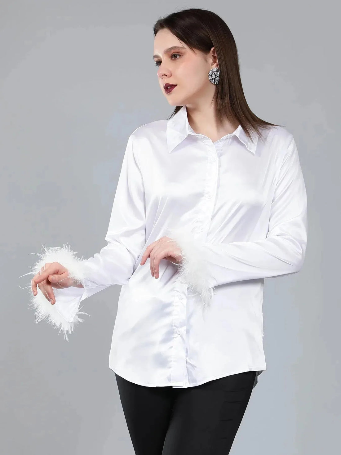 Feather Cuff Satin Shirt